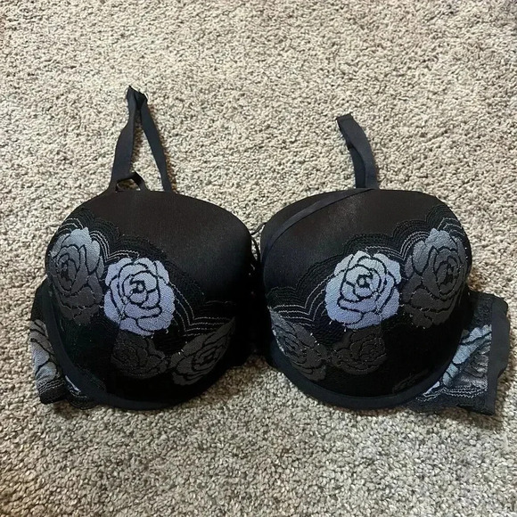 Cacique Bra 40DD Black Lightly Padded Pushup Plunge‎ Underwire Blue Lace Rose - Picture 1 of 13